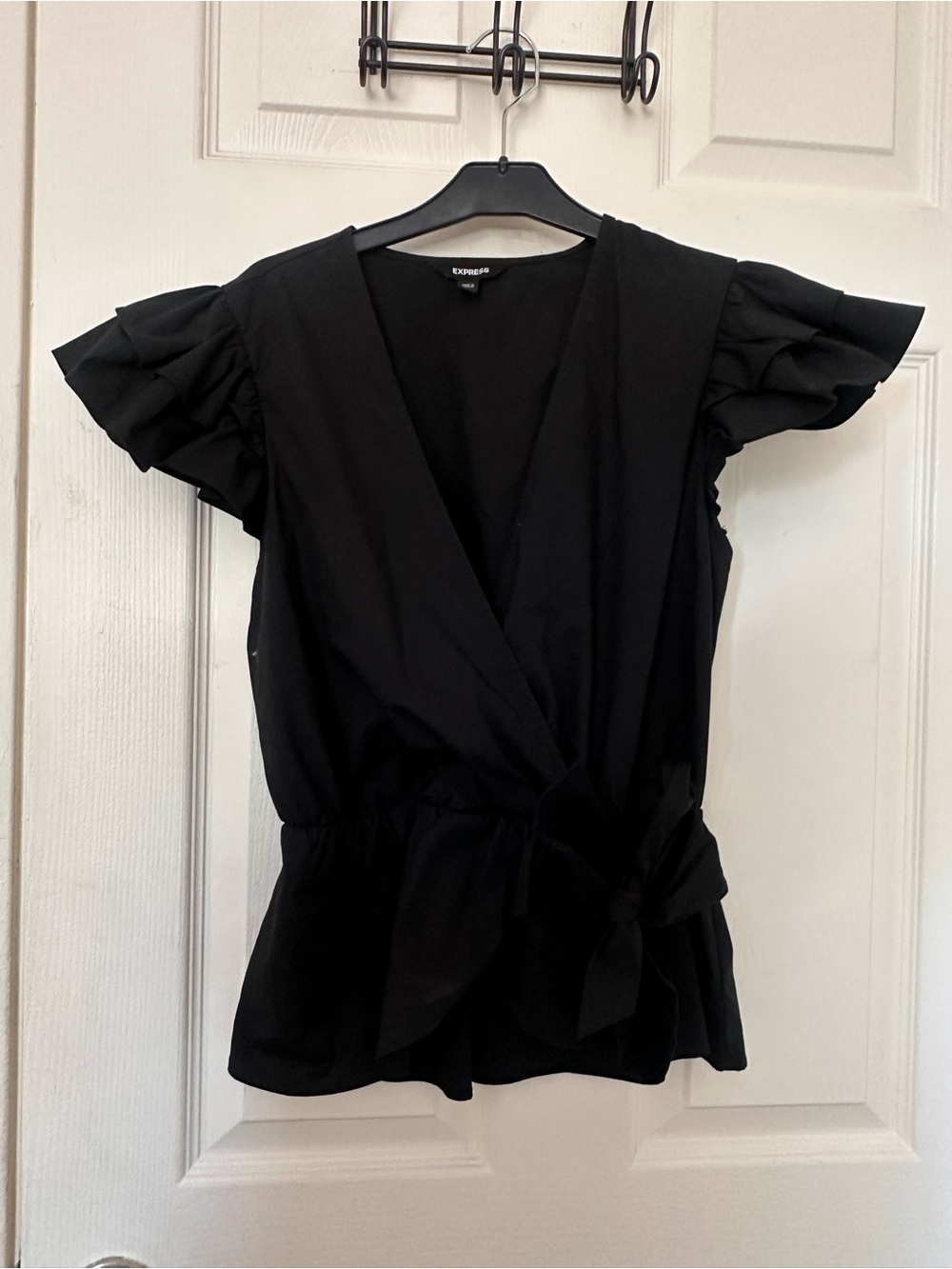 Express Black Shoulder Ruffle Wrap Top with Tie Waist